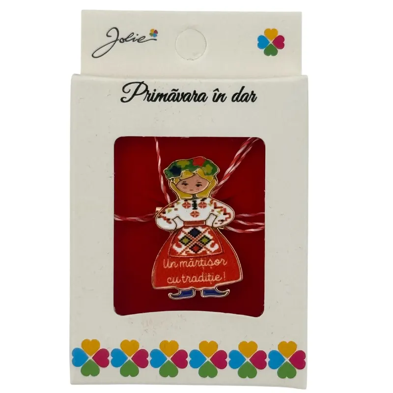 Martisor Brosa Mica in Cutie, Jolie, Design cu Mesaj, Dimensiune 2.5-3 cm, Material Metal, Model Fata Traditional