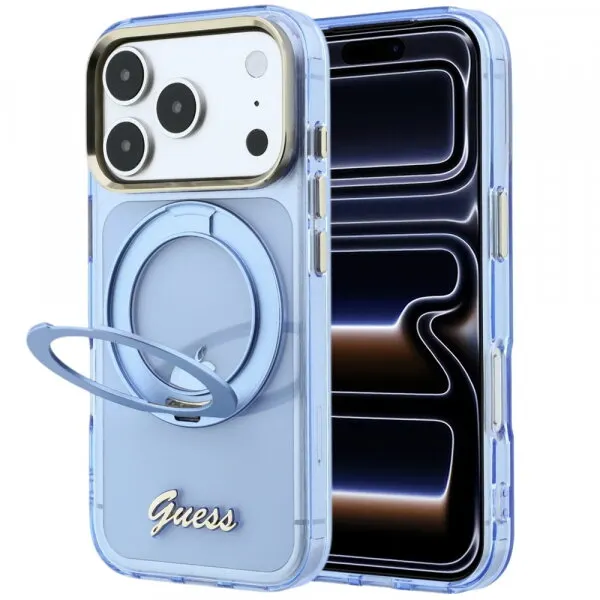 Guess Husa MagSafe pentru Apple iPhone 18 Pro Max / 17 Pro Max, Guess, Ring Stand Script Metal Logo, Bleu