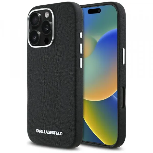 Karl Lagerfeld Husa MagSafe pentru Apple iPhone 16 Pro Max, Karl Lagerfeld, Saffiano Full Wrapped Elongated Metal Logo, Neagra