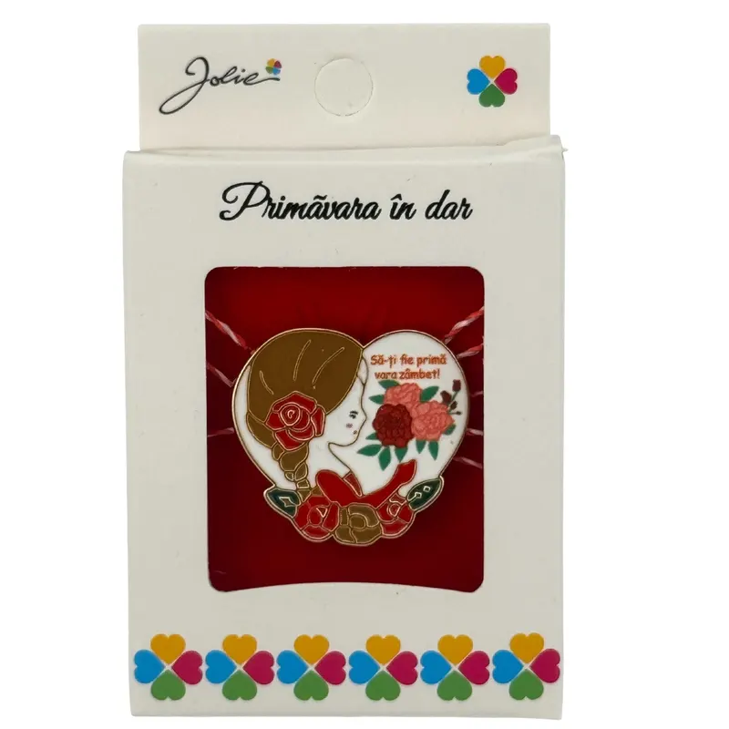 Martisor Brosa Mica in Cutie, Jolie, Design cu Mesaj, Dimensiune 2.5-3 cm, Material Metal, Model Fetita Inima
