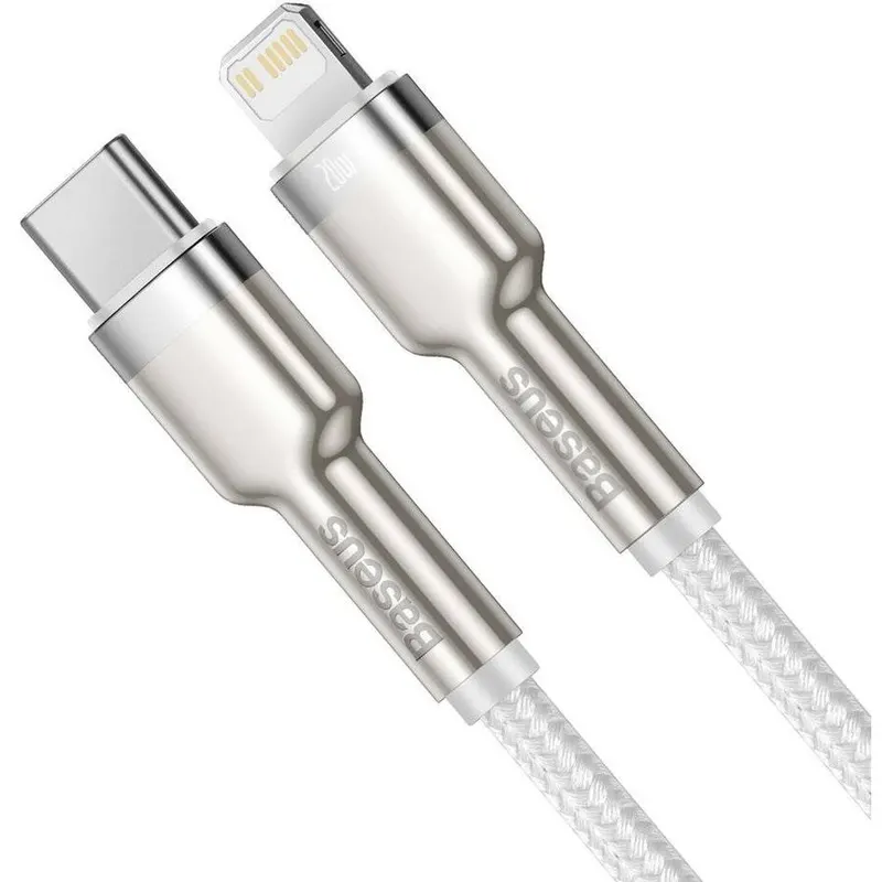 BASEUS Cablu de date, Baseus Cafule, CATLJK-A02, USB-C la Lightning, Quick Charge, 20W, Lungime 1 m, 480 Mb/s, Alb, Tip snur acoperit cu nailon