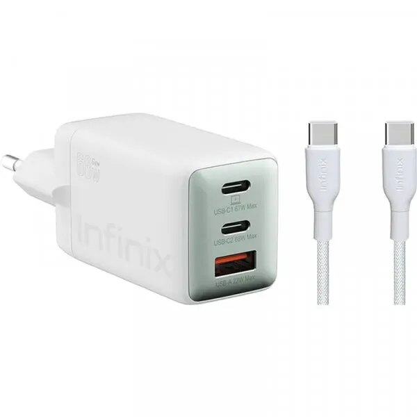 Infinix Incarcator Retea Cu Cablu USB-C Infinix XC07868EU + XDC95, 68W, 6.2A, 1 x USB-A - 2 x USB-C, Alb