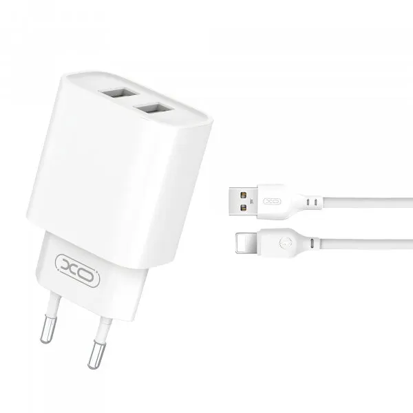 XO Design Incarcator Retea Cu Cablu Lightning XO Design CE02C, 10.5W, 2.1A, 2 x USB-A, Alb
