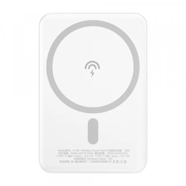 Dudao Baterie Externa Wireless Dudao K14S, 5000mAh, 10W, PD + QI, 1 x QI - 1 x USB-C, Alb