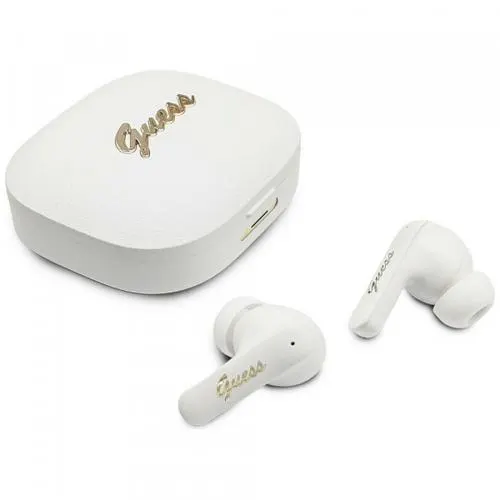 Casti True Wireless Guess Script Metal Logo, Bluetooth, Alb