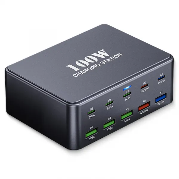 OEM Incarcator Statie OEM HW33, 100W, 3A, 5 x USB-A - 5 x USB-C, Gri