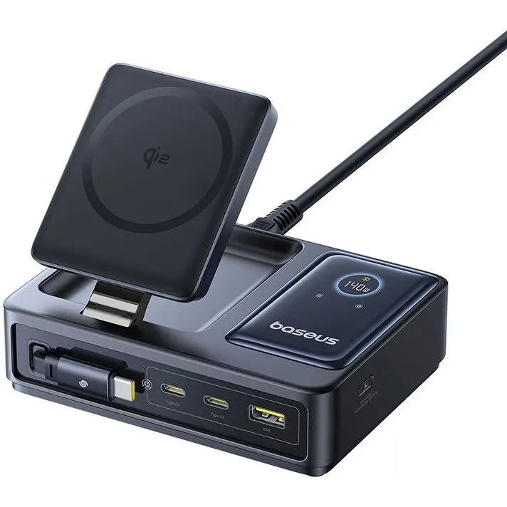 BASEUS Statie de incarcare Baseus Nomos 5in1 Desktop Charger Qi2, 140W, Wireless Display Digital, Negru