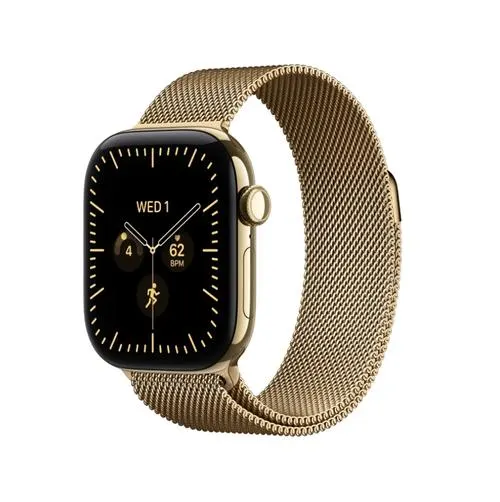 Smartwatch Apple Watch 12, GPS + Cellular, 42mm, Ecran Retina LTPO OLED, Chip S11 cu Procesor Dual-Core, 64GB Flash, Wi-Fi, Bluetooth, Carcasa Titanium, Curea Milanese Loop One Size (Auriu)
