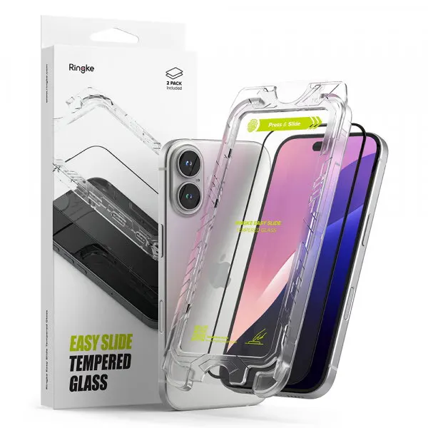Ringke Folie de protectie Ecran Ringke Easy Slide pentru Apple iPhone 16 / 15, Sticla Securizata, Full Glue, Set 2 bucati, Neagra