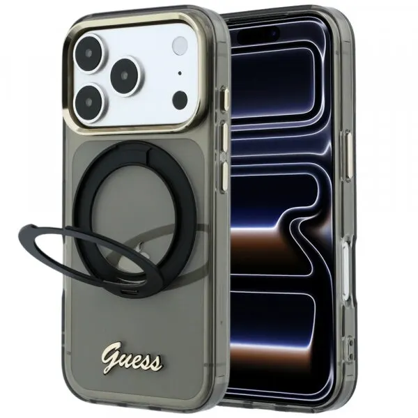 Guess Husa MagSafe pentru Apple iPhone 18 Pro / 17 Pro, Guess, Ring Stand Script Metal Logo, Neagra