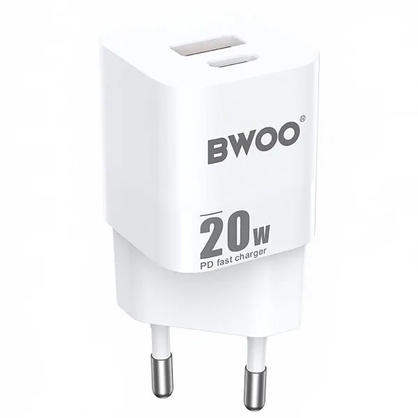 BWOO Incarcator Retea BWOO BO-CDA156, 20W, 3A, 1 x USB-A - 1 x USB-C, Alb