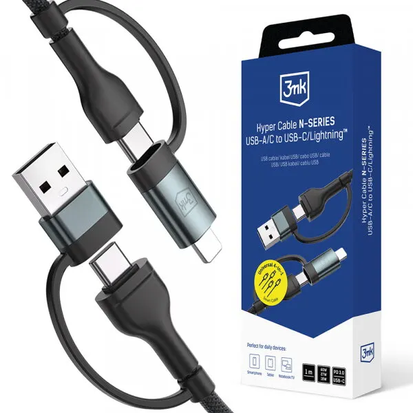 3MK Cablu Date si Incarcare USB-A / USB-C - USB-C / Lightning 3MK Hyper N, 60W, 1.2m, Negru