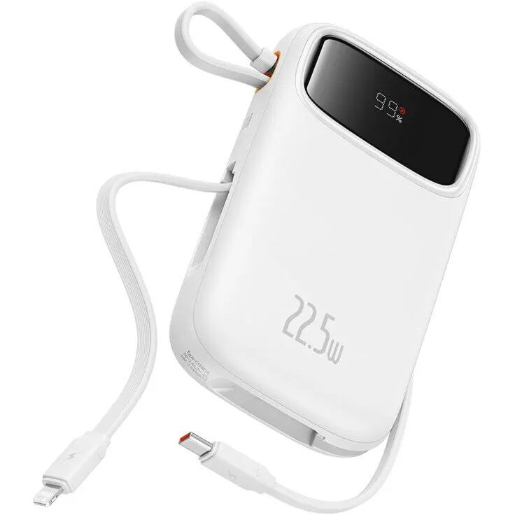 BASEUS Power bank Baseus Qpow2, Dual-Cable, 20000mAh, 22.5W, 1 x USB, 1 x USB Type-C, 1 x Lightning, total 3A, include cablu USB Type-C 0.3m, Alb