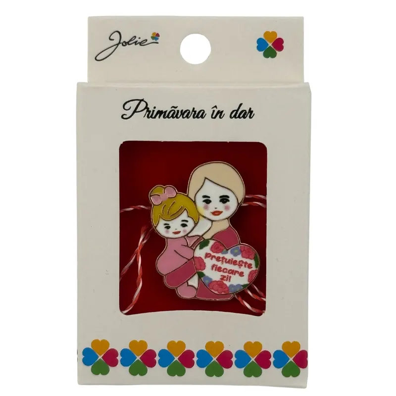 Martisor Brosa Mica in Cutie, Jolie, Design cu Mesaj, Material Metal, Dimensiune 2.5-3 cm, Model Mama si Fiica