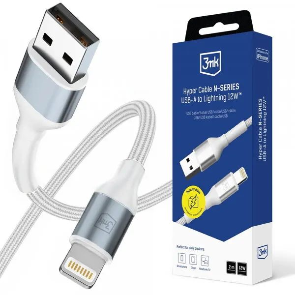 3MK Cablu Date si Incarcare USB-A - Lightning 3MK Hyper N, 12W, 2m, Alb