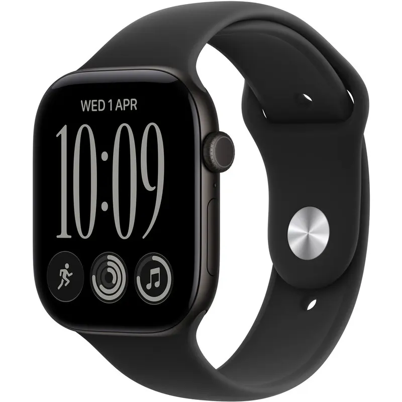 Apple Apple Watch Series 12 GPS + Cellular, Carcasa din aluminiu negru de 42 mm, Curea sport neagra, marimea S/M