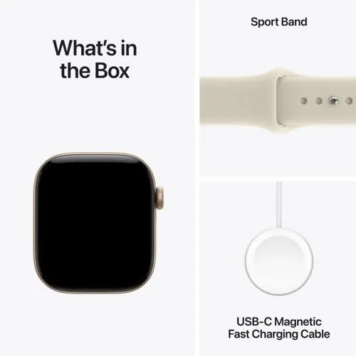 Smartwatch Apple Watch 12, GPS, 42mm, Ecran Retina LTPO OLED, Chip S11 cu Procesor Dual-Core, 64GB Flash, Wi-Fi, Bluetooth, Carcasa Aluminiu, Curea Sport Band M/L (Auriu)