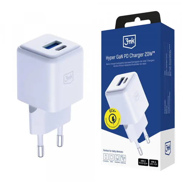3MK Incarcator Retea 3MK Hyper, 20W, 3A, 1 x USB-A - 1 x USB-C, Alb
