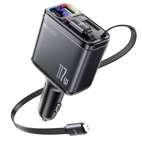 Yesido Incarcator Auto Cu Cablu USB-C / Lightning Yesido Y63 Display, 117W, 3A, 1 x USB-A - 1 x USB-C, Gri