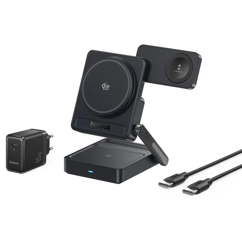 BASEUS Incarcator wireless Baseus PicoGo AF21 3-in-1, Qi2.2, 35W, cu incarcator retea 45W, Negru