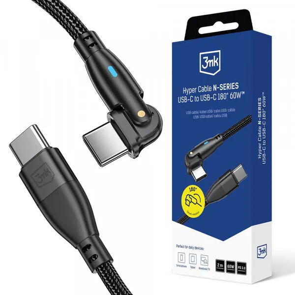 3MK Cablu Date si Incarcare USB-C - USB-C 3MK Hyper N Angled, 60W, 2m, Negru
