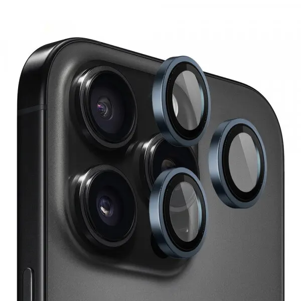 Blueo Folie de protectie Camera Spate Blueo Metal Frame pentru Apple iPhone 15 Pro Max, Sticla Securizata, Albastra