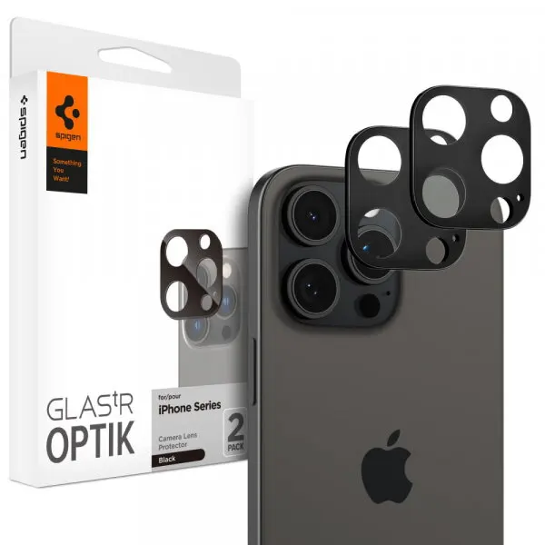 Spigen Folie de protectie Camera Spate Spigen GlastR Optik pentru Apple iPhone 16 Pro Max, Sticla Securizata, Set 2 bucati, Neagra AGL05273