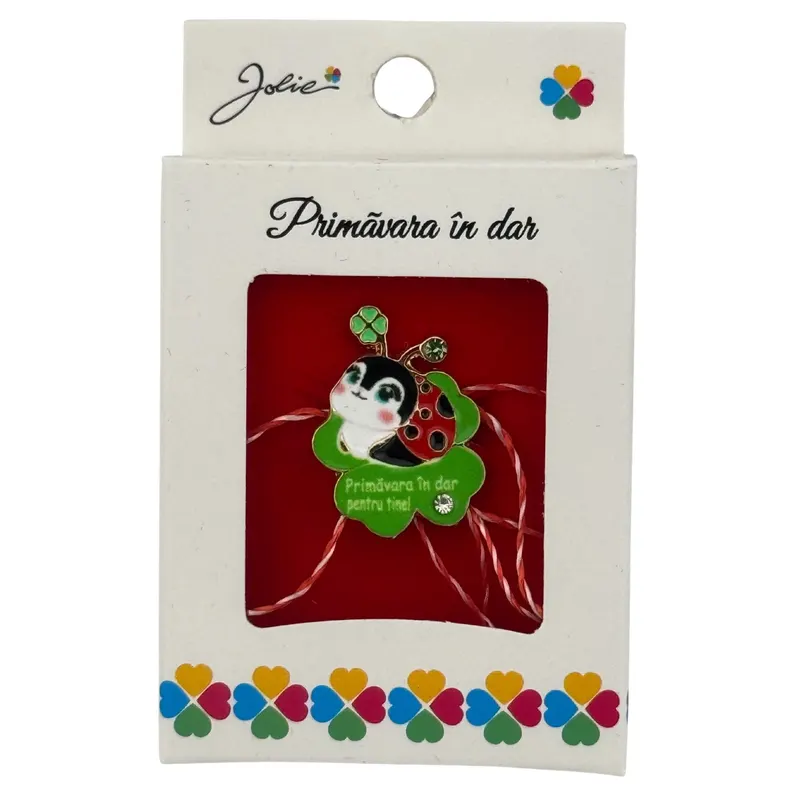 Martisor Brosa Mica in Cutie, Jolie, Design cu Mesaj, Dimensiune 2.5-3 cm, Material Metal, Model Trifoi si Buburuza