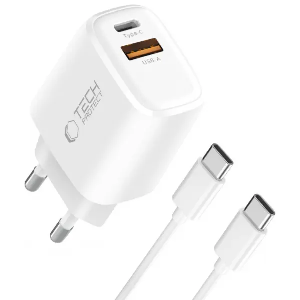Tech-Protect Incarcator Retea Cu Cablu USB-C Tech-Protect NCA20, 20W, 3A, 1 x USB-A - 1 x USB-C, Alb