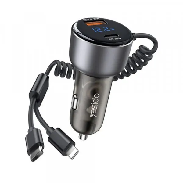 Yesido Incarcator Auto Cu Cablu USB-C / Lightning Yesido Y58 Display, 60W, 3A, 1 x USB-A - 1 x USB-C, Gri