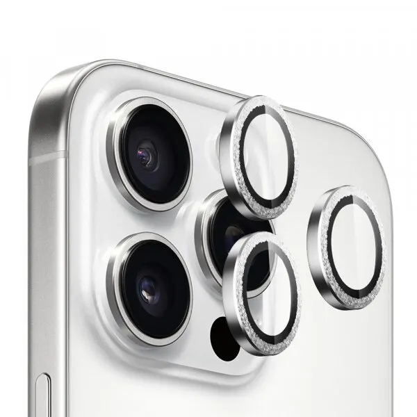 Blueo Folie de protectie Camera Spate Blueo Glitter Diamond Metal Frame pentru Apple iPhone 16 Pro Max / 16 Pro, Sticla Securizata, Argintie