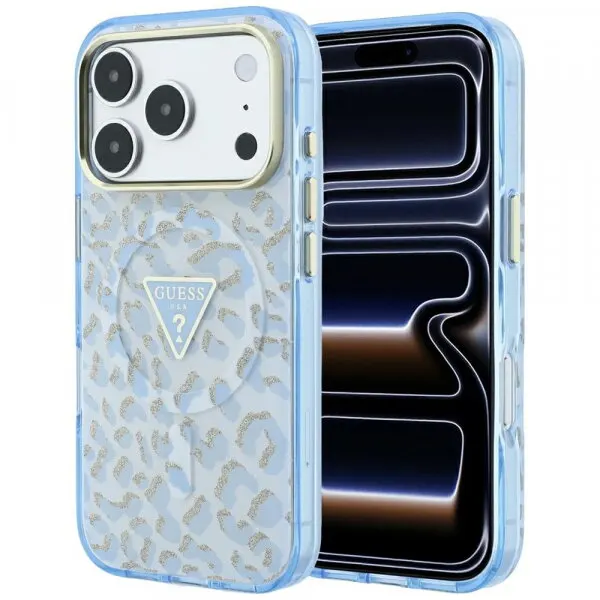 Guess Husa MagSafe pentru Apple iPhone 18 Pro / 17 Pro, Guess, Leopard Glitter Triangle Logo, Bleu