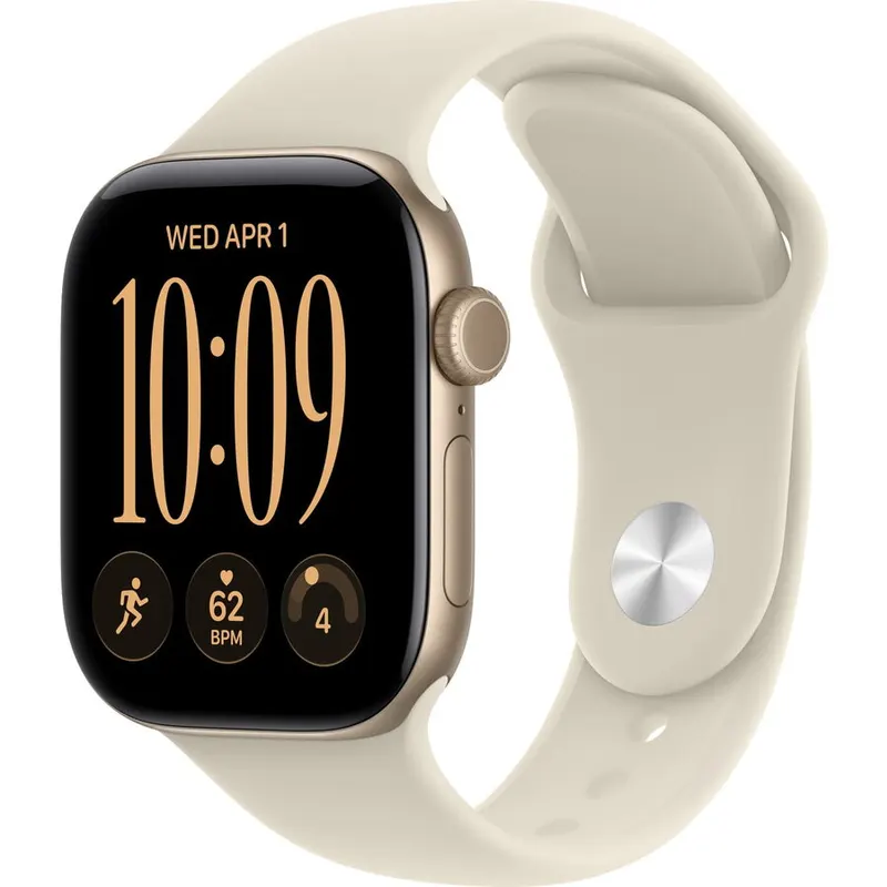 Apple Apple Watch Series 12 GPS + Cellular, 42 mm, carcasa din aluminiu auriu deschis, bratara Sand Sport Band, marime M/L