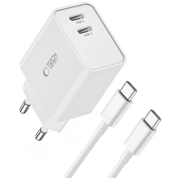 Tech-Protect Incarcator Retea Cu Cablu USB-C Tech-Protect C35W, 35W, 3A, 2 x USB-C, Alb