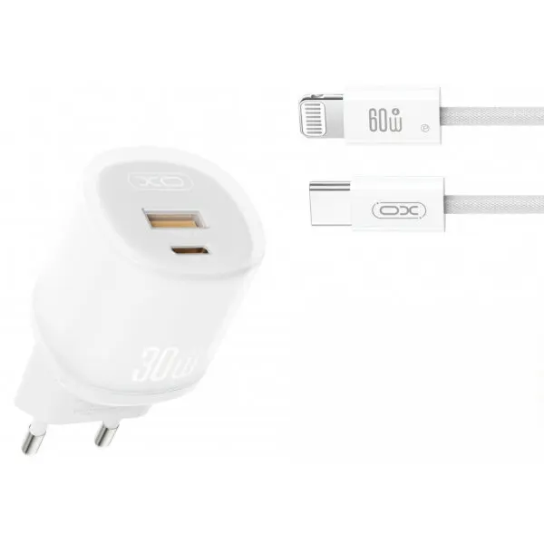 XO Design Incarcator Retea Cu Cablu Lightning XO Design L151, 30W, 3A, 1 x USB-A - 1 x USB-C, Alb