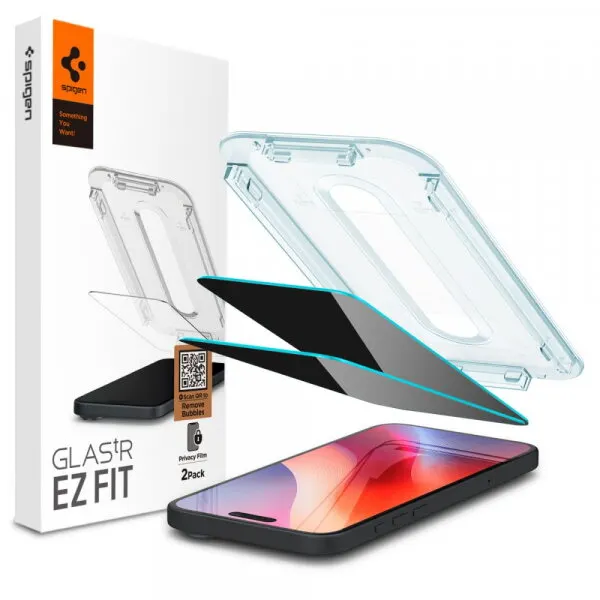 Spigen Folie de protectie Ecran Privacy Spigen GlastR EZ FIT pentru Apple iPhone 17 Pro / 17 / 16 Pro, Sticla Securizata, Full Glue, Set 2 bucati AGL07929