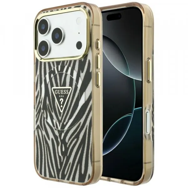 Guess Husa MagSafe pentru Apple iPhone 18 Pro / 17 Pro, Guess, Zebra Glitter Triangle Logo, Aurie