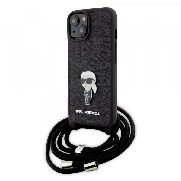 Karl Lagerfeld Husa pentru Apple iPhone 15, Karl Lagerfeld, Saffiano Crossbody Monogram Metal Pin Karl, Neagra