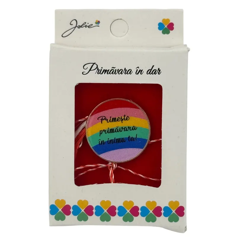Martisor Brosa Mica in Cutie, Jolie, Design cu Mesaj, Dimensiune 2.5-3 cm, Material Metal, Model Rotund Curcubeu