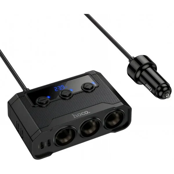 HOCO Incarcator Auto HOCO Z64, 15.5W, 3.1A, 2 x USB-A - 2 x USB-C - 3 x Extensie Bricheta, Negru