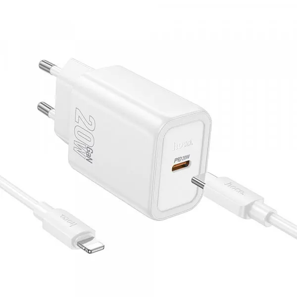 HOCO Incarcator Retea Cu Cablu Lightning HOCO N60, 20W, 3A, 1 x USB-C, Alb