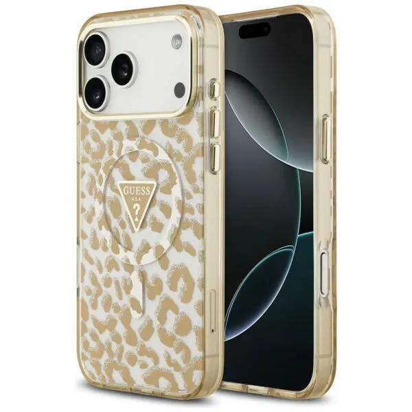 Guess Husa MagSafe pentru Apple iPhone 18 Pro / 17 Pro, Guess, Leopard Glitter Triangle Logo, Maro
