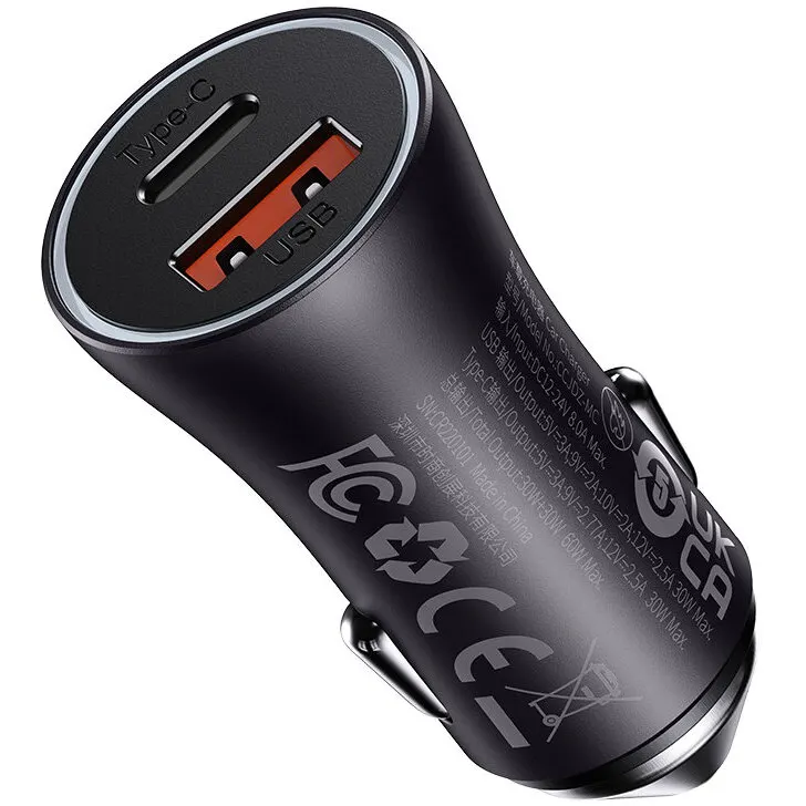BASEUS Incarcator auto, Baseus, USB + USB-C, 60 W, Gri