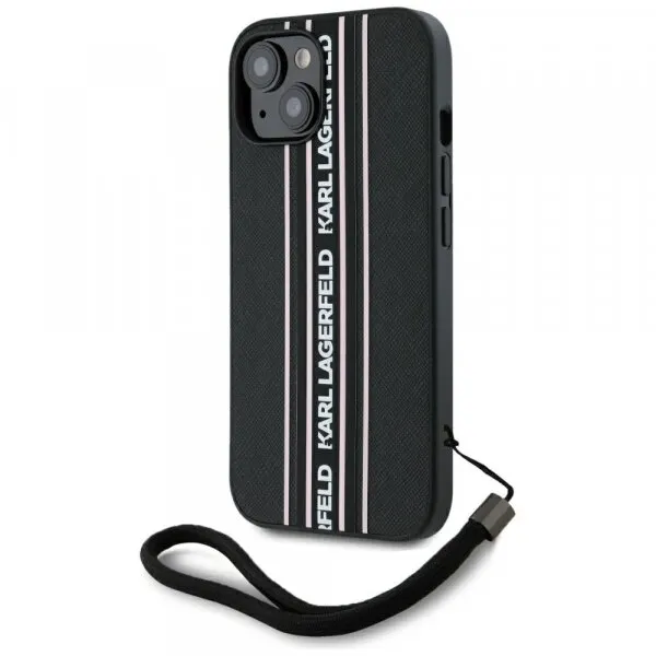 Karl Lagerfeld Husa pentru Apple iPhone 15, Karl Lagerfeld, Saffiano Athleisure Stripes with Strap, Roz