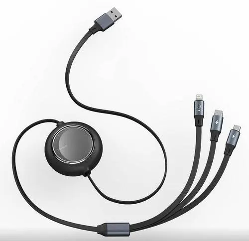 Cablu de date Baseus Bright Mirror 2 One-for-three Retractable, USB - Micro-USB + Lightning + USB Type-C 3.5A, 1.1m, Negru