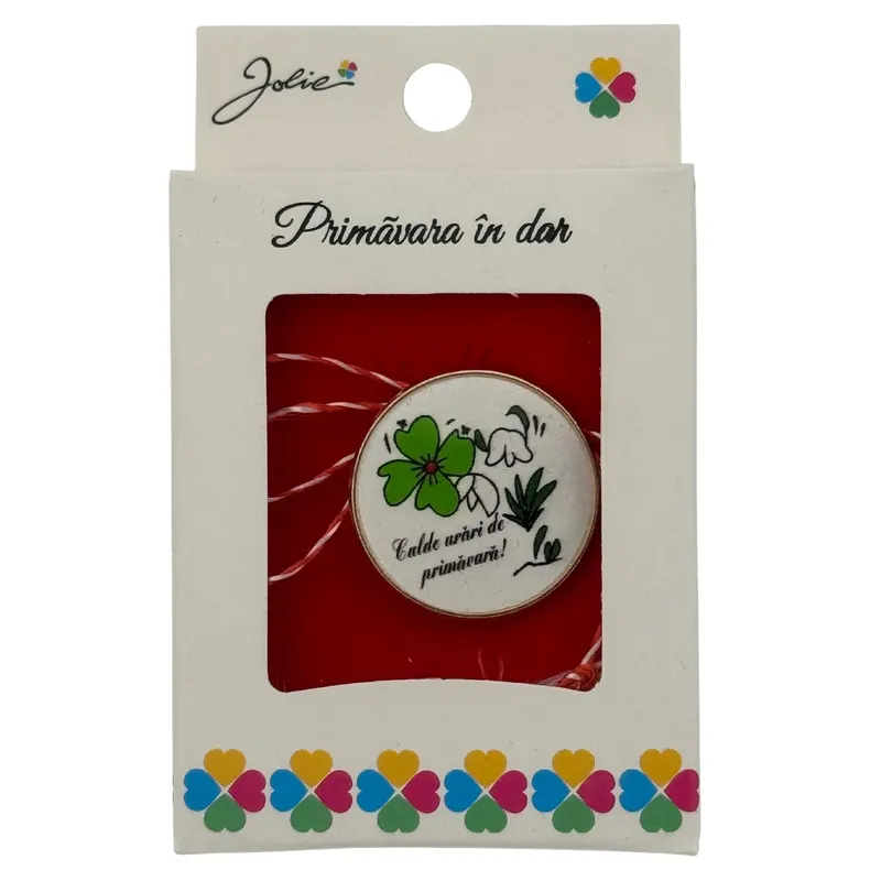 Martisor Brosa Mica in Cutie, Jolie, Design cu Mesaj, Dimensiune 2.5-3 cm, Material Metal, Model Rotund Trifoi/Flori