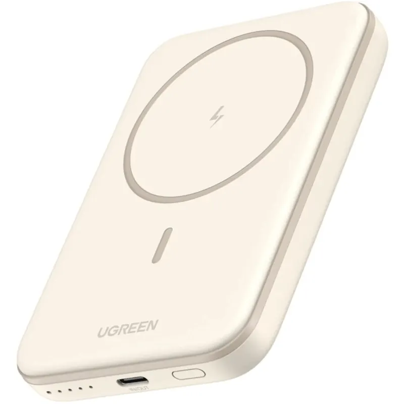 Ugreen Baterie externa Ugreen Magnetic 5.000 mAh, Wireless, PD 15W, Qi 7.5W, USB-C, compatibila MagSafe, Bej