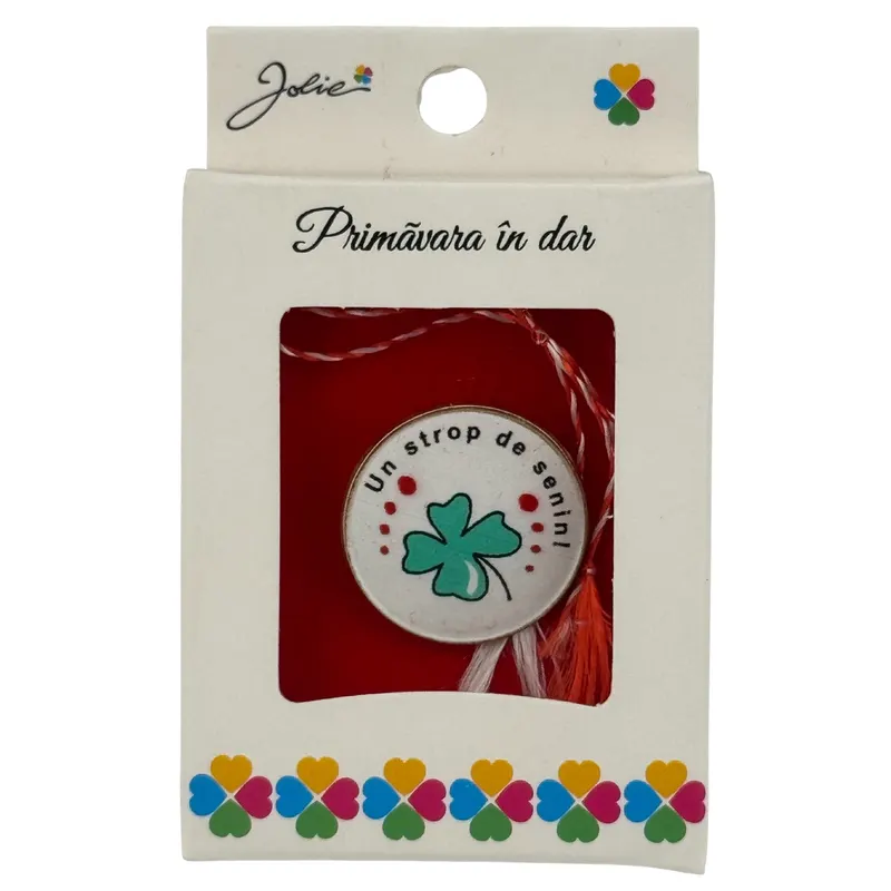 Martisor Brosa Mica in Cutie, Jolie, Design cu Mesaj, Dimensiune 2.5-3 cm, Material Metal, Model Rotund Trifoi