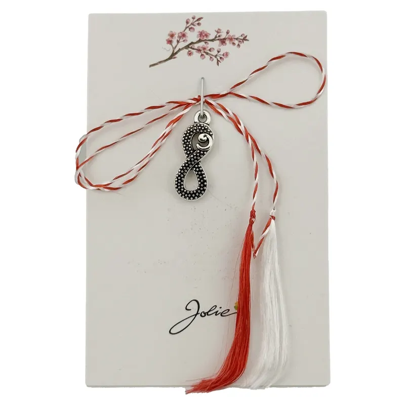Martisor Traditional, Jolie, Model Infinit, cu Snur Impletit Alb / Rosu, 5 x 5 5 cm