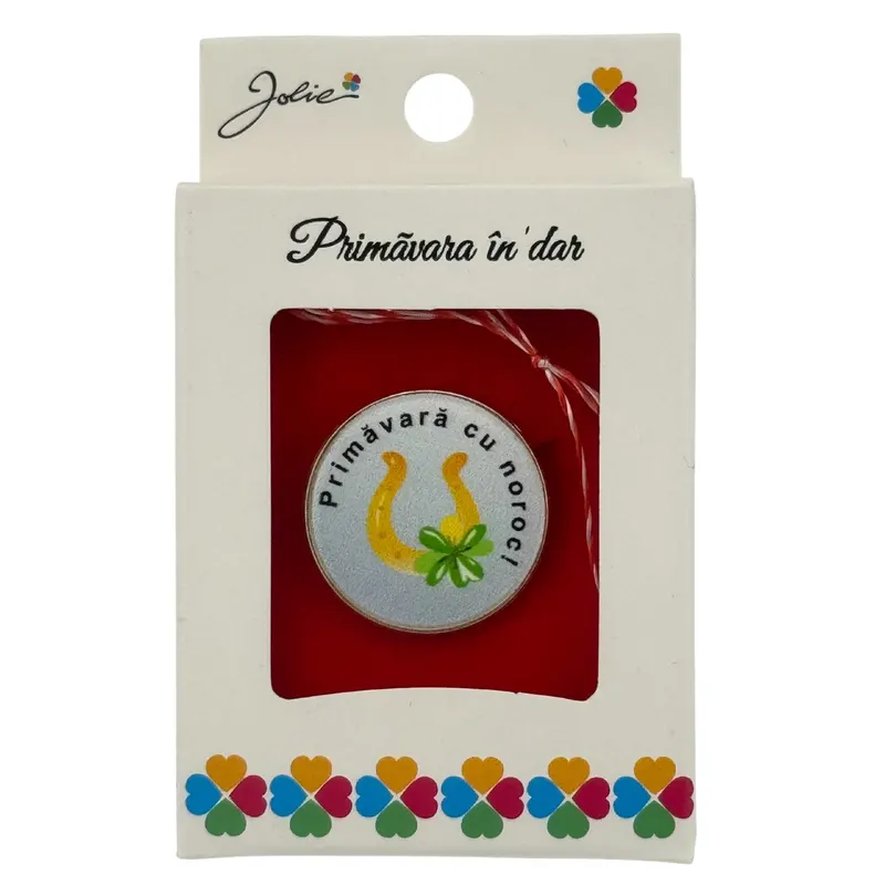 Martisor Brosa Mica in Cutie, Jolie, Design cu Mesaj, Dimensiune 2.5-3 cm, Material Metal, Model Rotund Potcoava